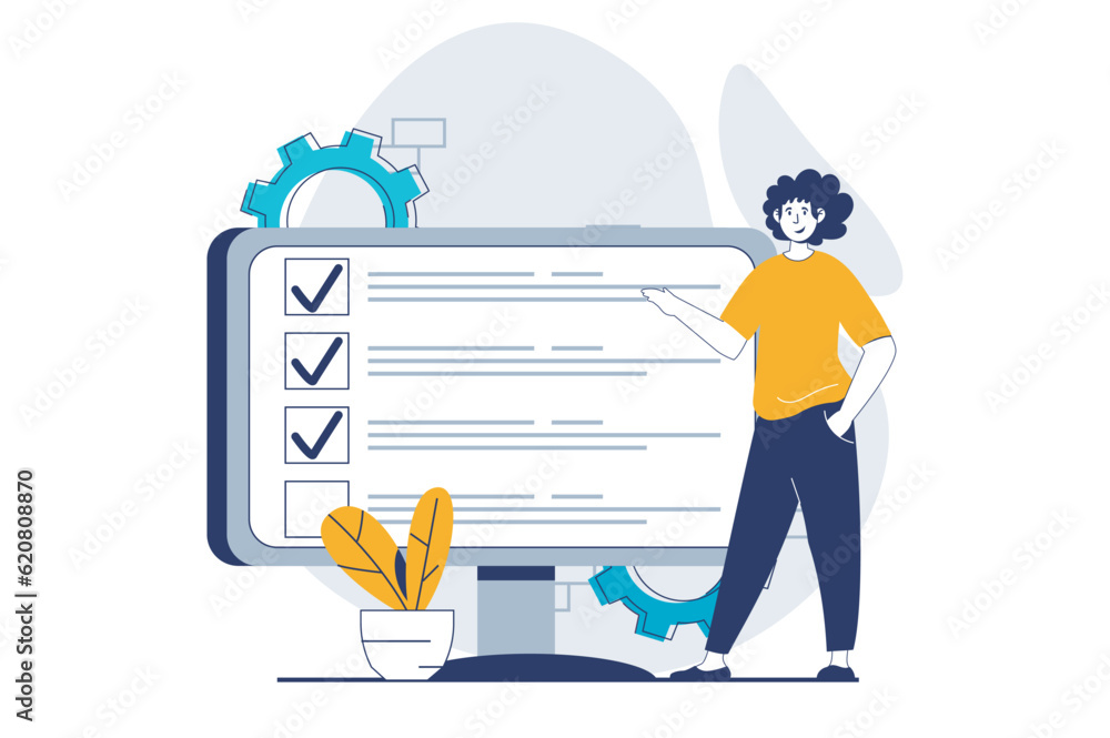 Leinwandbilder online survey concept with people scene in flat design for web. man choosing right answers for filli