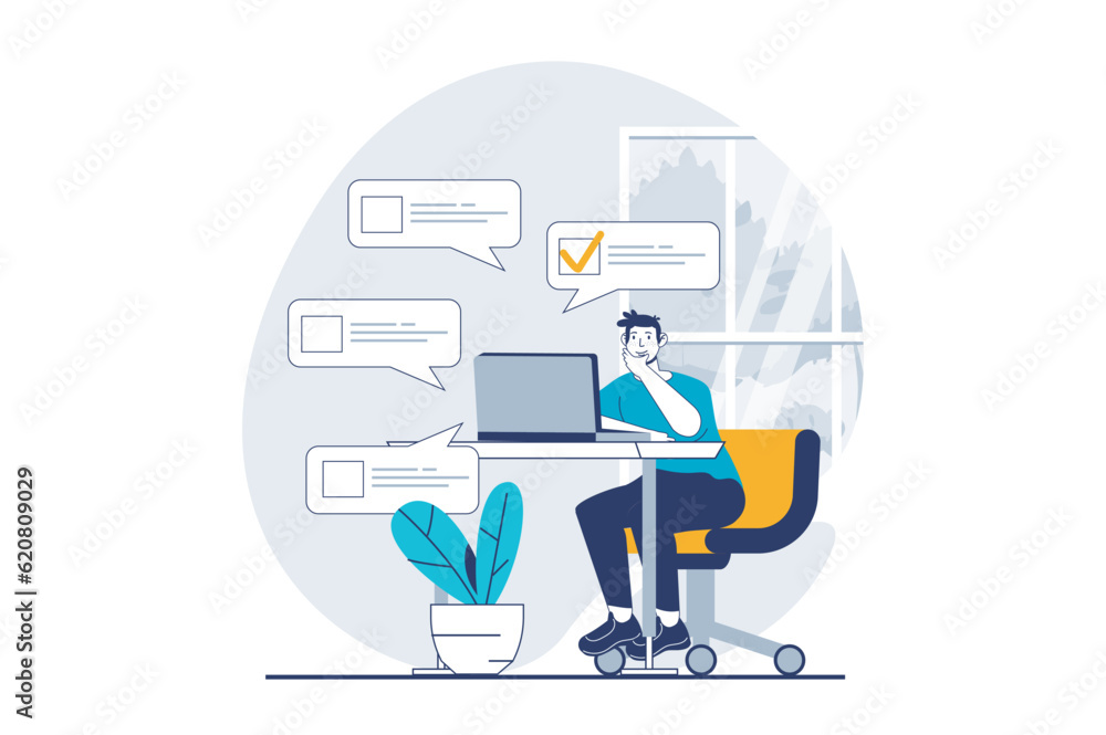 Poster online survey concept with people scene in flat design for web. man giving feedback with user experi