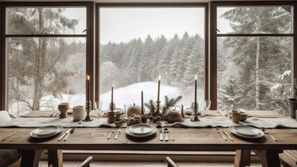 Nordic dining table, Stylish Living Room Interior, Modern interior design, 3D render, 3D illustration Generative AI