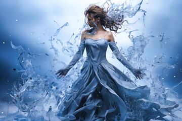 abstract full body portrait of ice and water disintegrating woman , bow down , side view , Generative Ai