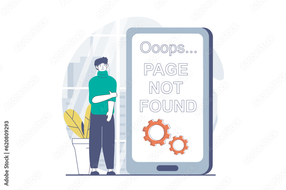 Poster page not found concept with people scene in flat design for web. man sees message of website connect