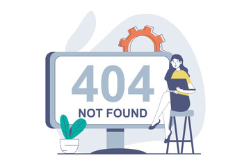 Page not found concept with people scene in flat design for web. Woman sees message of website connection problems on computer screen. Vector illustration for social media banner, marketing material.