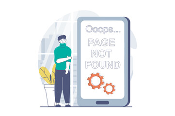 Page not found concept with people scene in flat design for web. Man sees message of website connection problems on mobile screen. Vector illustration for social media banner, marketing material.