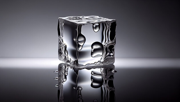Melting ice cube, with droplets of water forming on its surface, reflecting light and showcasing its transparent structure, freshness, coolness, isolated on a white background Ai generated image
