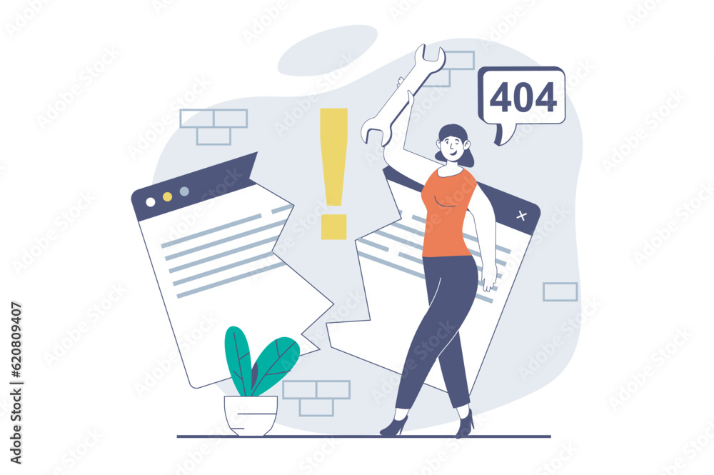 Poster page not found concept with people scene in flat design for web. woman fixing disconnect problem and