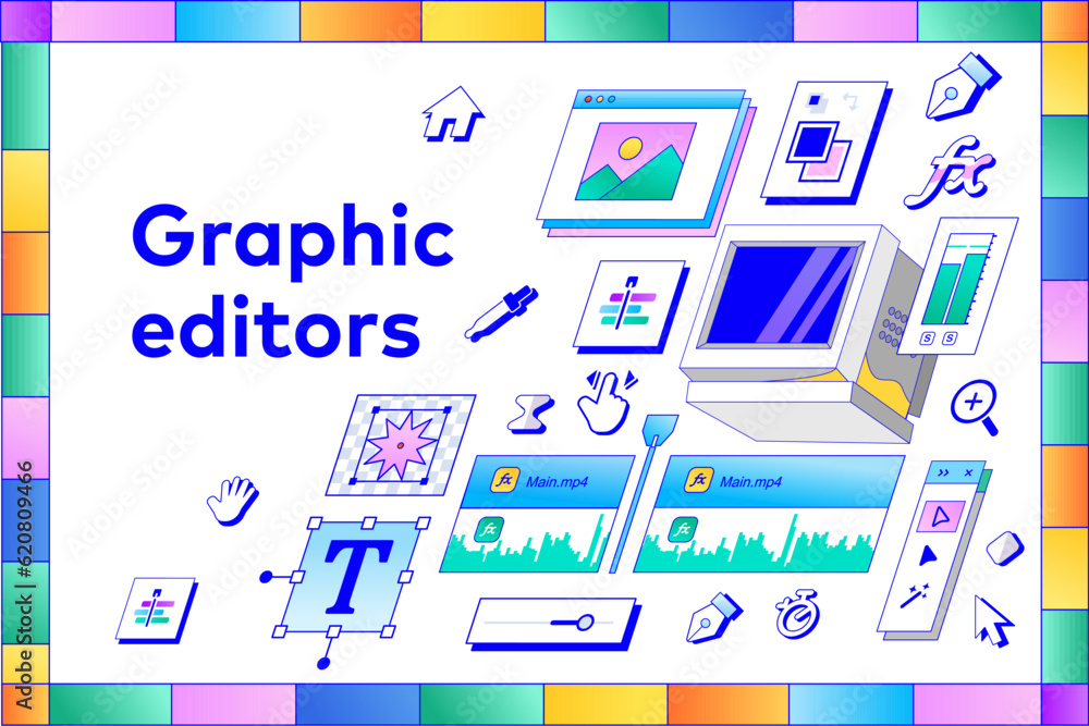 Poster graphic and motion ux ui designer toolbars in retro colorful style. vector illustration