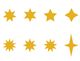 Yellow golden simple flat stars on a white blank background. Bright flat ornate symbols for digital creative asset use like illustrations or brochures and designs. vector graphic.