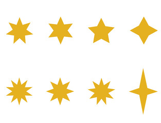 Yellow golden simple flat stars on a white blank background. Bright flat ornate symbols for digital creative asset use like illustrations or brochures and designs. 