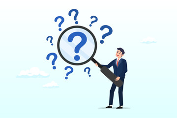 Businessman with magnifying glass analyze question marks, problem analysis or problem management, investigate for root cause or incident, finding solution or discover threat or uncertain (Vector)