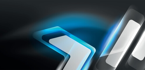 Neon speed arrow and line shapes background. Hi-tech concept with shiny backdrop. Bright flare light effect in the dark