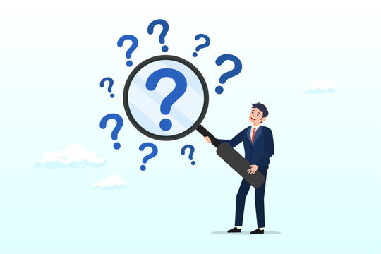 Businessman with magnifying glass analyze question marks, problem analysis or problem management, investigate for root cause or incident, finding solution or discover threat or uncertain (Vector)
