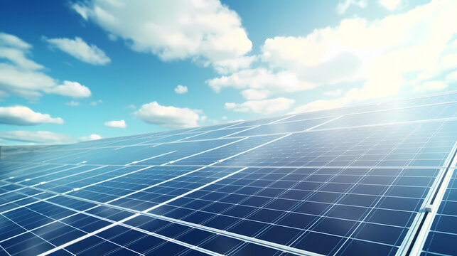 Solar panels, sun shining bright blue sky , AI generated Image