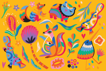 Big set of abstract Australian animals, flowers and leaves. Vector illustration