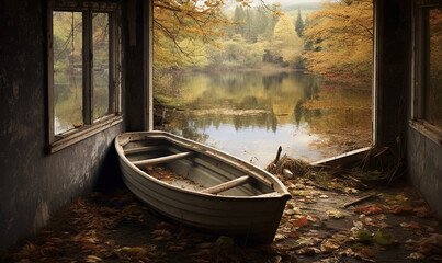  a boat sitting on the shore of a lake next to a window.  generative ai