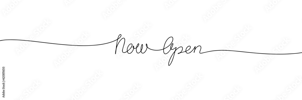 Aufkleber now open phrase in one line continuous vector illustration. monoline text line art handwriting calli