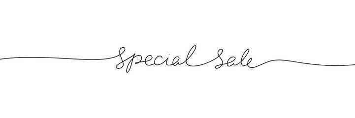 Special sale phrase in one line continuous vector illustration. Monoline text line art handwriting calligraphy, lettering.