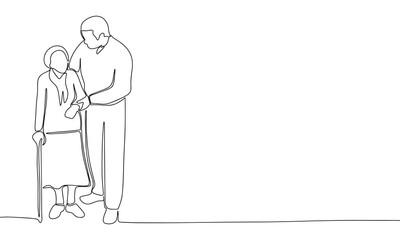 Continuous line art or One Line Drawing of a man is helping senior woman picture vector illustration