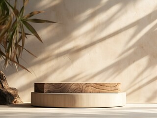 Natural Log Wood Podium Table Illuminated by Sunlight, with Tropical Banana Tree Shadow Casting on a Beige Concrete Wall. A Serene Background for Displaying Organic Cosmetic Generative ai
