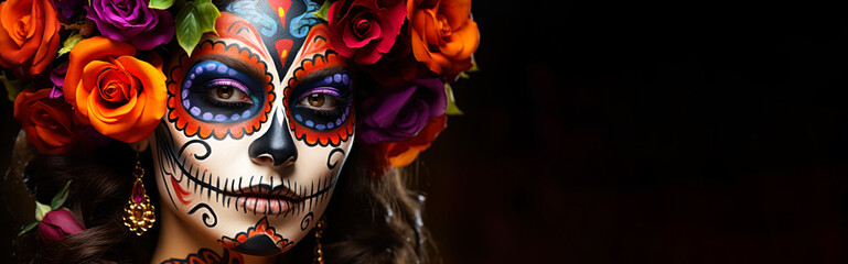 Artistic Expression: Woman with Ornate Makeup and Face Tattoos for Mexican Festival Banner with copy space placeholder