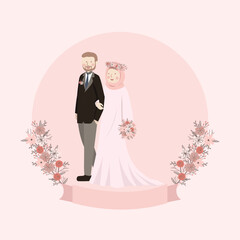 Pink Peach Muslim Couple Portrait Walking Together - Circle Blank Template - Nikah Walima Wedding Save the date