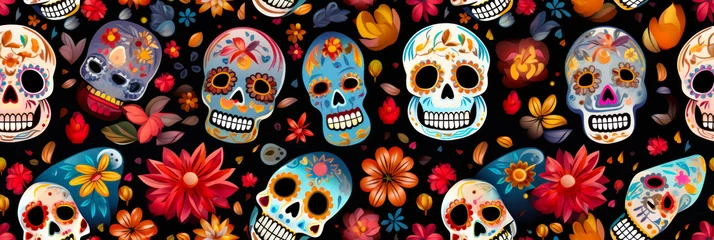 Fotobehang Schedel Day of the Dead skulls seamless pattern. mexican Halloween texture. Dia de los muertos print. Mexican tradition festival. Day of the dead sugar skull isolated background