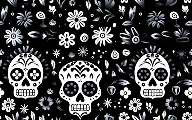 Sugar skull vector seamless pattern inspired by Mexican folk art, Dia de Los Muertos repetitive design black and white