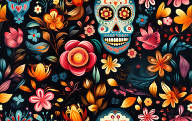 Vibrant Mexican Folk Art Inspired Sugar Skull Seamless Pattern in Colorful Design