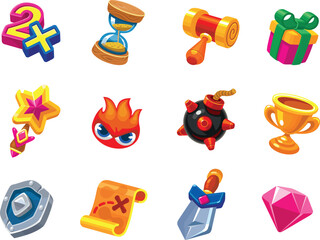 Game UI kit. Icons for computer Mobile Game. Can be used in mobile or web games. For use in a Matc3 game. Bright isolated symbols   