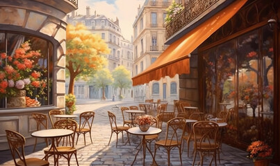 Fototapeta na wymiar a painting of a street cafe with tables and chairs outside. generative ai
