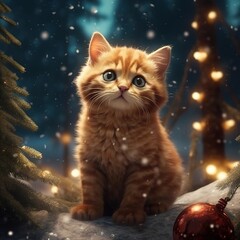 A little kitten under the Christmas tree for Christmas Generative AI