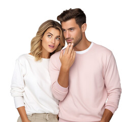 Young couple two friend family man woman wear casual clothes whisper gossip and tell secret behind her hand sharing news together studio portrait on white