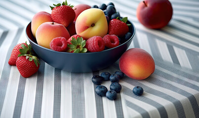  a bowl of fruit on a table with berries and peaches.  generative ai