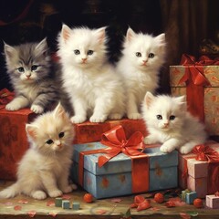 Christmas kittens. gifts, garlands, Christmas, New Year. Generative AI