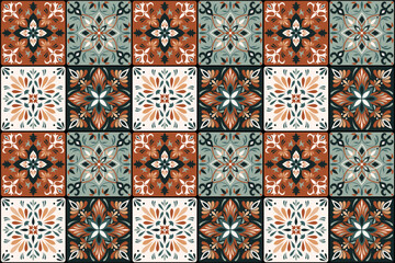 Seamless colorful patchwork in turkish style. Brown and green colors. Azulejos tiles patchwork. Portuguese and Spain decor. Islam, Arabic, Indian, ottoman motif.  - obrazy, fototapety, plakaty
