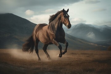 Obraz na płótnie Canvas Graceful equine galloping across vast landscape. Generative AI