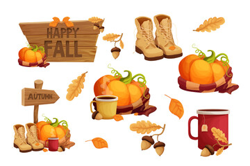 Set autumn stickers with pumpkin warm scarf, cup with hot beverage decorated with acorn and leaves, boots, wooden signboard, autumn harvest in cartoon style isolated on white background.  © Alyona