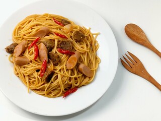close up portrait of italian cuisine spaghetti bolognese