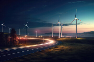 Wind Turbines Alopngside Highway, Poweripng Streetlights. Generative AI