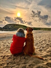 Rear view of girl and pet dog sitting on beach together at sunset