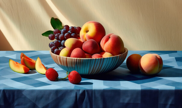  a painting of a bowl of fruit on a blue table cloth.  generative ai