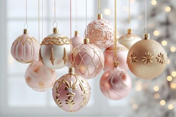 Premium Christmas Decorations. Pastel Pink and Gold Festive Background.