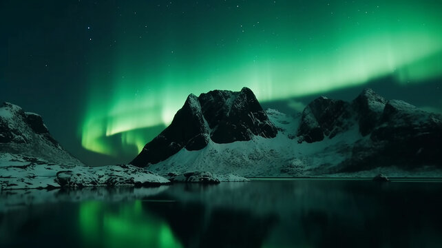 Glowing green Northern Lights in a night sky, generative AI © ksu_ok