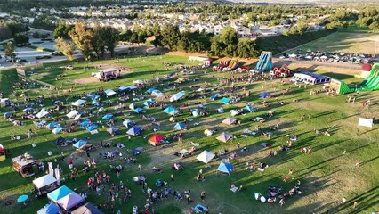 An Aerial UAV Drone View of Families gathering at a public park in Yucaipa, california, to celebrate Independence Day