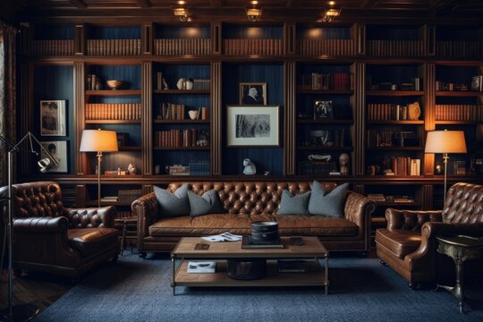 Stylish Interior Design Background. Mid Century Library. Generative AI.