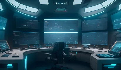 Deurstickers Modern futuristic command desk room. Generative AI © WODEXZ