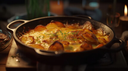 fried potatoes drenched in an omelet with herbs and baked in the oven in a cast-iron skillet on the table. delicious rustic recipes.Generative AI