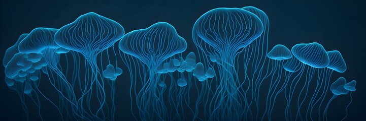 glowing sea jellyfishes on dark background, neural network generated art. Digitally generated image. Not based on any actual scene or pattern.