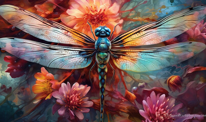 a painting of a dragonfly on a flowery background.  generative ai - obrazy, fototapety, plakaty
