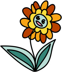 Funny flower, Hippie groovy doodle illustration.