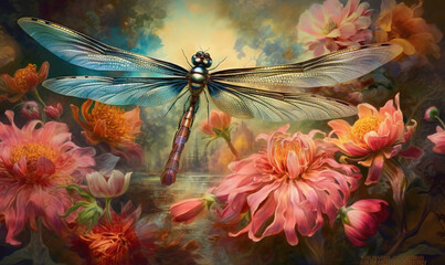  a painting of a dragonfly sitting on top of flowers.  generative ai